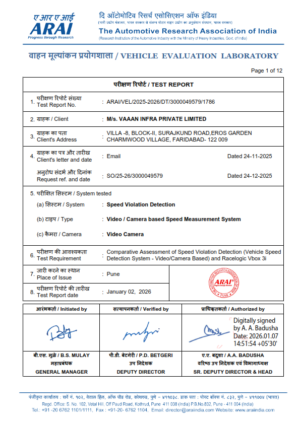 Speed Violation Detection Test Report - Automotive Research Association of India
