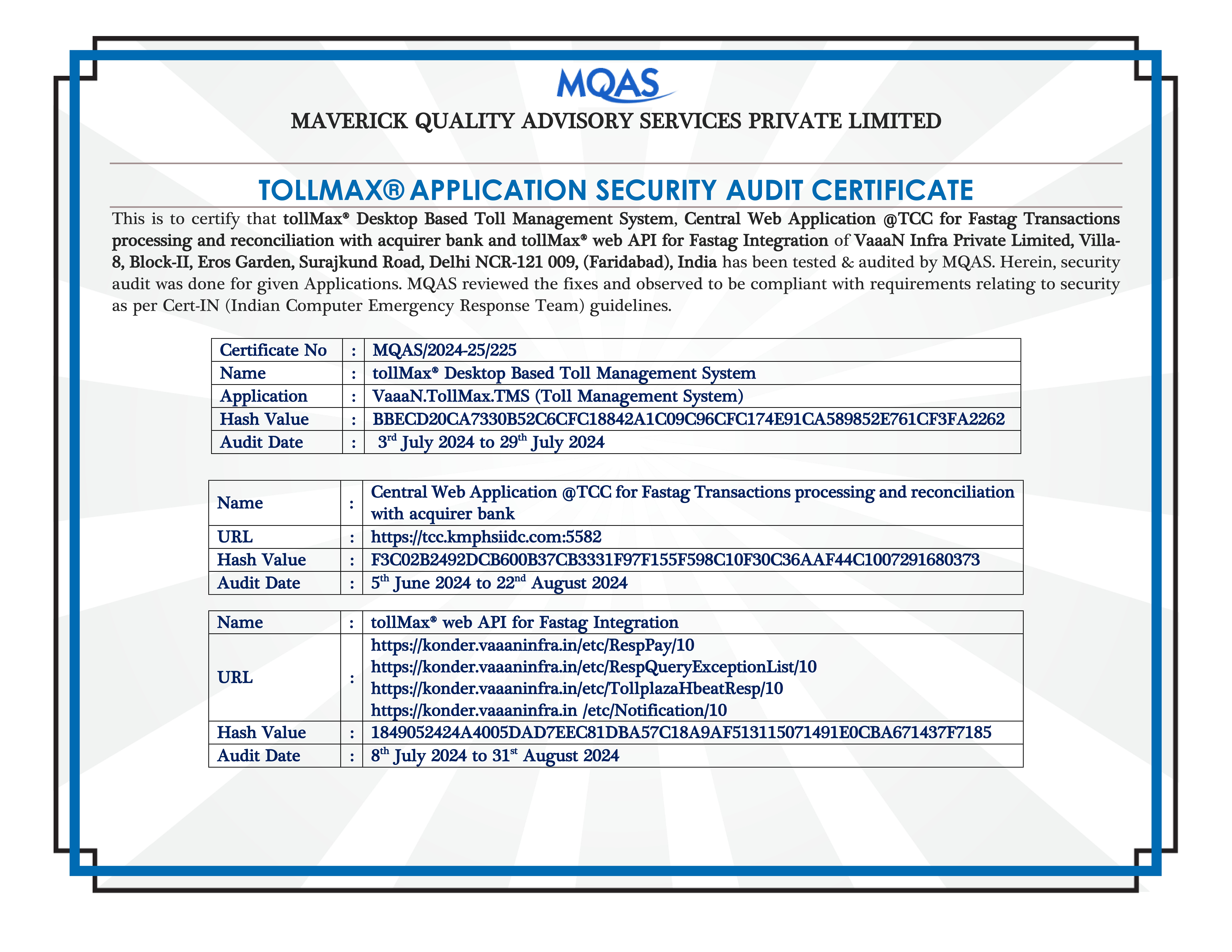 Toll Management System Security Audit Certificate