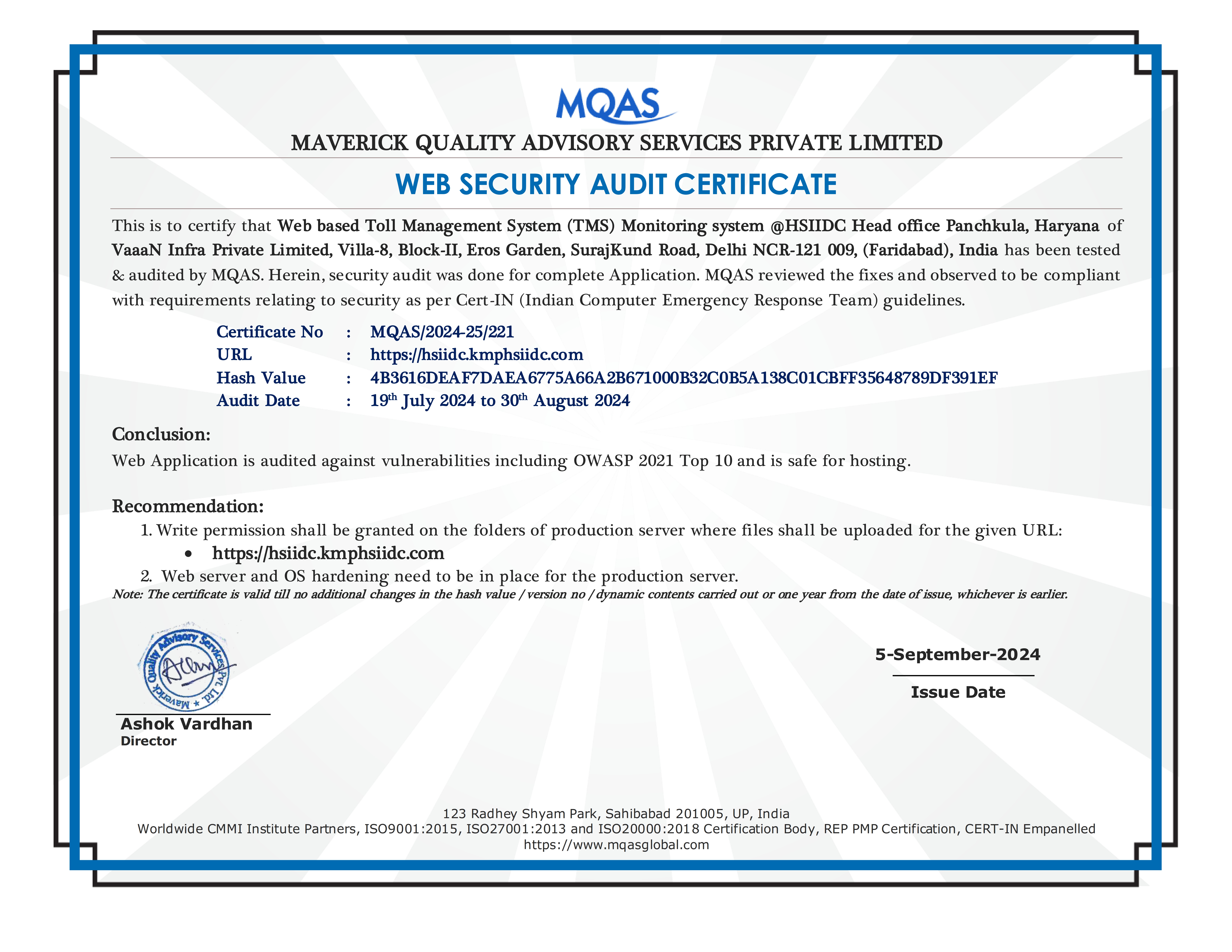 Toll Management System Web Security Audit Certificate