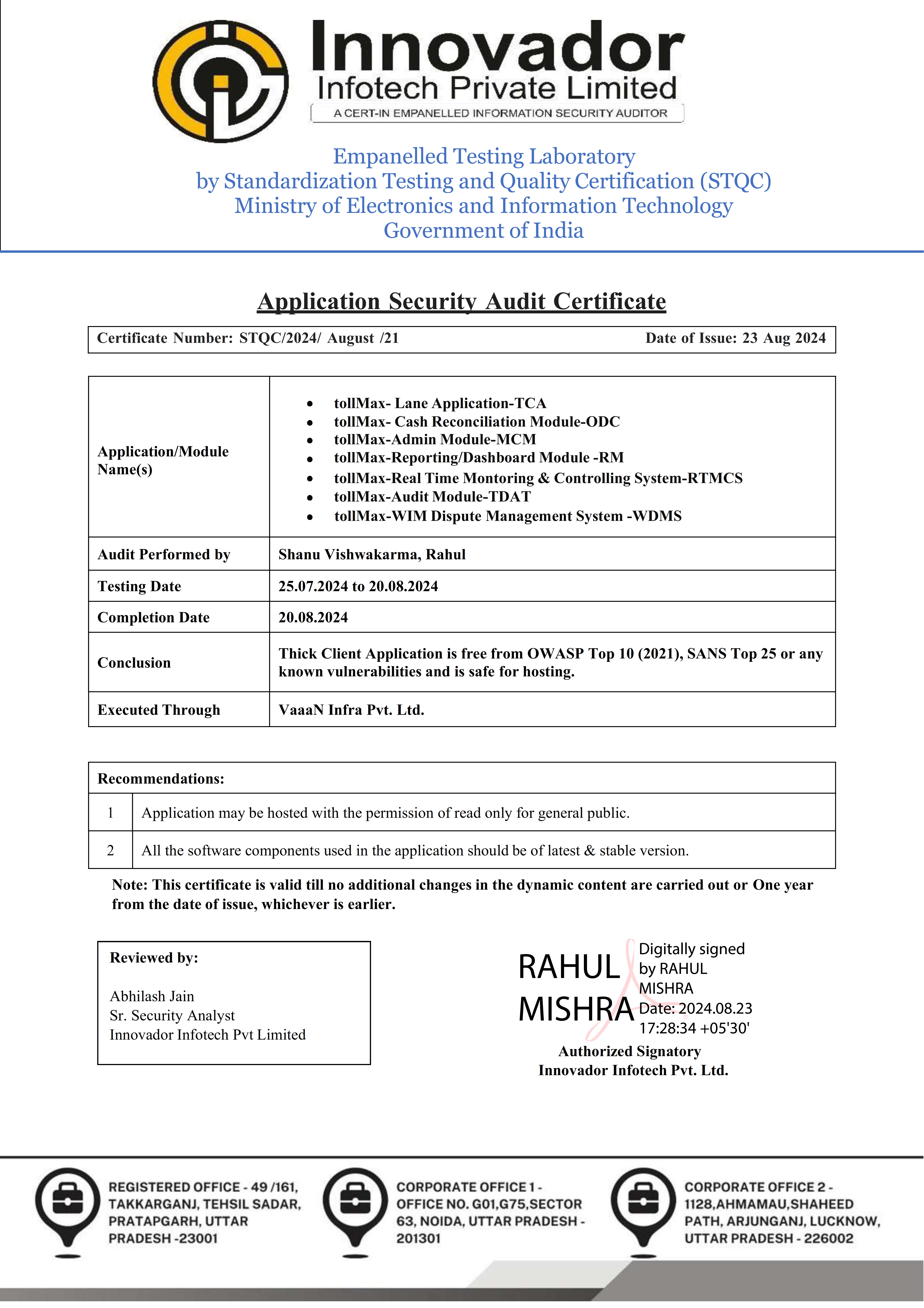 SQTC Application Security Audit Certificate