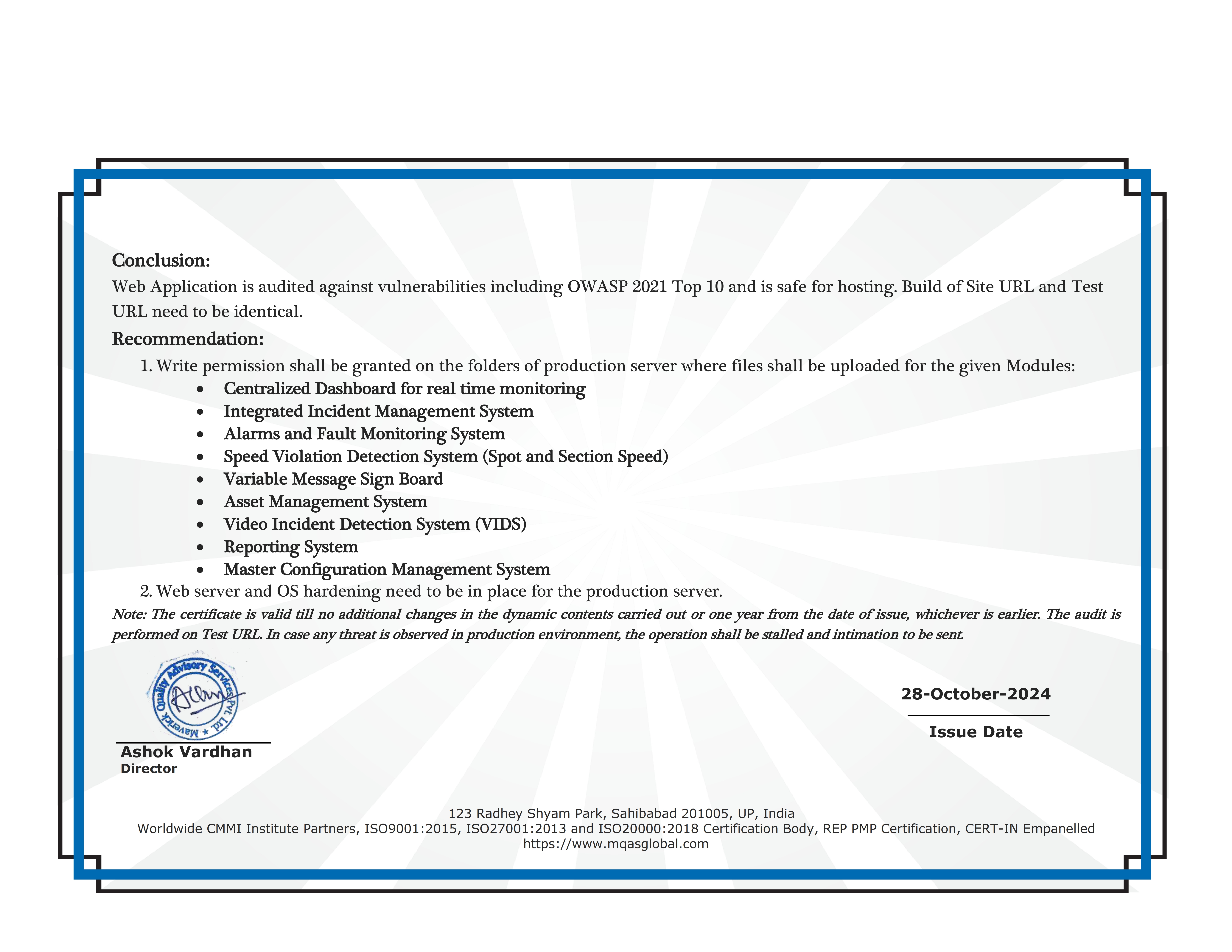 Advanced Traffic Management System Security Audit Certificate