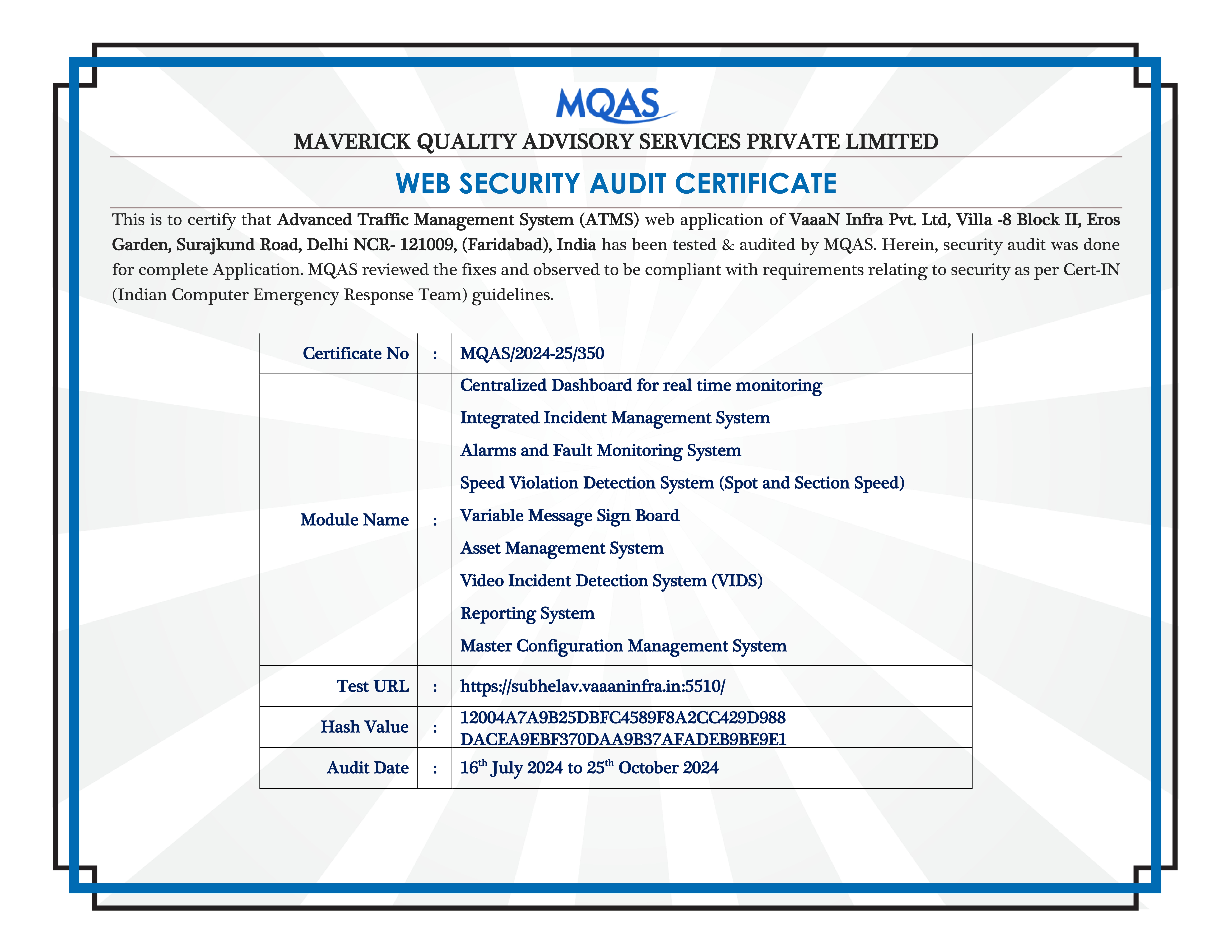 Advanced Traffic Management System Security Audit Certificate